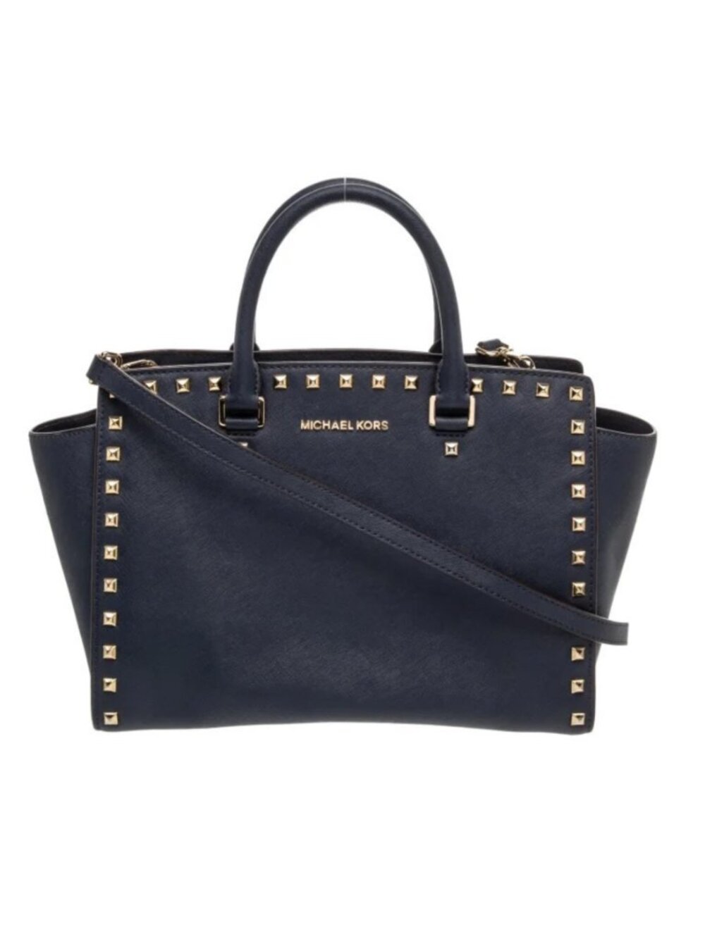 Michael Kors Studded Saffiano Leather Top Handle Shoulder Bag Large Navy